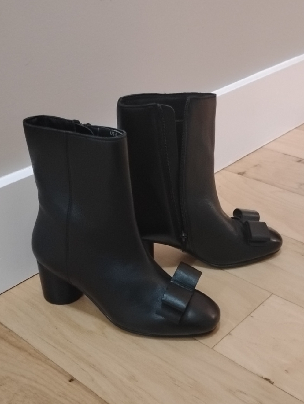 Black Leather Bow-Accent Ankle Booties - Women's
